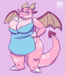 anthro apron apron_only big_breasts breasts clothing eyewear female glasses hand_on_breast hand_on_hip horn looking_at_viewer mature_female mostly_nude nipples overweight overweight_anthro overweight_female pink_body simple_background smile smiling_at_viewer solo tail thick_tail thick_thighs wings devore activision mythology spyro_the_dragon mrs._shoutfire dragon mythological_creature mythological_scalie scalie 2023 digital_drawing_(artwork) digital_media_(artwork)