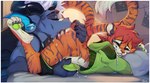 ambiguous_fluids anal anthro bed bedroom blush bodily_fluids bottomwear butt claws clothed clothing drooling duo erection fur furniture genital_fluids genitals green_penis hair horn humanoid_genitalia inside licking male male/male male_rimmed open_mouth oral orange_body orange_fur pants penis pillow poster rimming rimming_male saliva sex simple_background stripes sweater tail tongue topwear spirale trace_(nrg900) felid mammal pantherine tiger digital_media_(artwork) hi_res