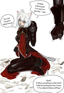 adepta_sororitas animal_ears armor blue_eyes bodily_fluids clothed clothed_female clothed_humanoid clothing dialogue duo female female_focus gloves hair handwear kneeling looking_at_viewer mostly_offscreen_character solo_focus speech_bubble sweat tail text white_hair 101ho warhammer_(franchise) warhammer_40000 animal_humanoid cat_humanoid felid felid_humanoid feline feline_humanoid felinid humanoid mammal mammal_humanoid 2025 absurd_res english_text hi_res female_(lore)