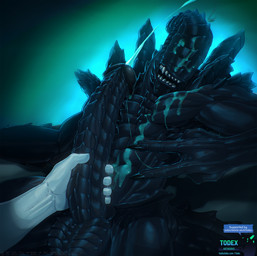 balls big_penis black_body bodily_fluids carapace cum cum_on_body cum_on_face cumshot duo ejaculation erection first_person_view genital_fluids genitals gesture hand_gesture handjob male muscular muscular_male penile penis sex sharp_teeth teeth text v_sign todex alien_(franchise) alien unknown_species xenomorph hi_res url