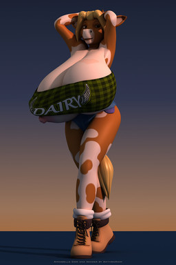 anthro big_breasts blonde_hair boots bottomwear breasts cleavage clothed clothing female footwear fur hair horn huge_breasts hyper hyper_breasts looking_at_viewer oversized_clothing pose shirt shoes shorts simple_background smile solo standing topwear tube_top under_boob wardrobe_malfunction anthroanim annabelle_cow bovid bovine cattle mammal 2:3 3d_(artwork) digital_media_(artwork) hi_res