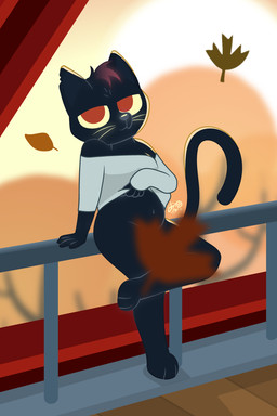 anthro autumn_leaves belly bottomless clothed clothing clothing_lift convenient_censorship female leaning leaning_on_object overweight pose railing shirt shirt_lift topwear dm29 night_in_the_woods mae_borowski felid feline mammal 2:3 pinup