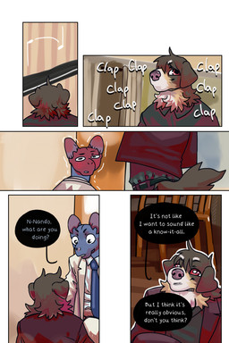 anthro biped clapping dialogue duo flushed formal_clothing keyboard_instrument male male/male musical_instrument musical_note musical_symbol piano playing_music playing_piano restaurant shaking shivering symbol text bastriw fernando_(bastriw) pato_(bastriw) canid canine canis domestic_cat domestic_dog felid feline felis mammal 2:3 comic english_text hi_res