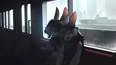 anthro biped bottomwear breasts clothed clothed_anthro clothed_female clothing duo eyes_closed female front_view fully_clothed fully_clothed_anthro fully_clothed_female hair looking_at_another open_mouth sitting sleeping smile teeth topwear train vehicle window el-k lagomorph leporid mammal rabbit 16:9 2026 digital_drawing_(artwork) digital_media_(artwork) hi_res widescreen