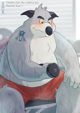 anthro belly black_nose blush bodily_fluids bottomwear clothing exercise grey_body humanoid_hands kemono male overweight overweight_male shorts sitting solo sweat tattoo weightlifting workout natsuhakoura brok_the_investigator cowcat_games generic_rat_(brok_the_investigator) mammal murid murine rat rodent 2022 absurd_res hi_res