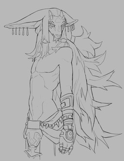 4_horns accessory anthro big_ears claws clothed clothing ear_piercing ear_ring eyelashes fur hair hair_accessory hair_ring horn humanoid_hands long_ears long_hair male multi_horn navel piercing ring ring_piercing serious_face solo topless topless_male pabu_(artist) nintendo tears_of_the_kingdom the_legend_of_zelda rauru_(tears_of_the_kingdom) zonai absurd_res hi_res monochrome