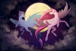 cloud duo feathers female feral flying happy horn love male moon night romantic smile star wings sunny_way hasbro my_little_pony mythology equid equine horse mammal mythological_creature mythological_equine pegasus pony winged_unicorn digital_media_(artwork) hi_res