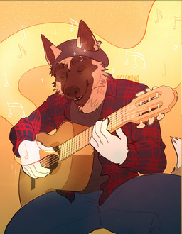 acoustic_guitar anthro black_clothing black_topwear blue_bottomwear blue_clothing blue_pants bottomwear brown_body brown_fur clothed clothing ear_piercing ear_ring eyebrow_piercing eyebrow_ring eyes_closed facial_piercing flannel_shirt front_view fur guitar holding_guitar holding_musical_instrument holding_object male male_anthro multiple_piercings musical_instrument musical_note musical_symbol nose_piercing nose_stud nostril_stud open_mouth orange_background orange_body orange_fur pants piercing playing_guitar playing_music plucked_string_instrument red_clothing red_topwear ring_piercing simple_background sitting solo sparkles string_instrument symbol topwear white_body white_fur 0ct0m0n0 canid canine mammal hi_res