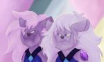 ambiguous_gender amethyst_(gem) anthro black_nose blue_eyes clothed clothing duo frown fur gem hair long_hair looking_aside purple_body purple_eyes purple_fur white_hair itoruna cartoon_network nintendo pokemon steven_universe canid canine generation_2_pokemon granbull mammal pokemon_(species) 2016 hi_res