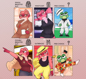 anthro black_bottomwear black_clothing black_shirt black_skirt black_topwear black_vest bottomwear breasts brown_bottomwear brown_clothing brown_pants brown_suit button_(fastener) clothing collared_shirt countershading detailed_background dotted_background dress_shirt eyewear female fingers food footwear gesture glasses glistening_eyelids gloves_(marking) green_body half-closed_eyes hand_gesture hat headgear headwear looking_at_viewer male markings mouth_closed multicolored_body narrowed_eyes necktie non-mammal_breasts open_mouth pants pattern_background pepperoni_pizza pizza pointing rectangular_glasses shirt shoes simple_background sitting skirt sleeveless_shirt suit suit_jacket text tongue tongue_out top_hat topwear vest wearing_glasses white_bottomwear white_clothing white_footwear white_hat white_headwear white_pants white_shirt white_shoes white_suit white_suit_jacket white_topwear yellow_bottomwear yellow_clothing yellow_hat yellow_headwear yellow_pants yellow_tongue conditional_dnp sonokido greater_ventura_city camille_dumont roger_hopley amphibian frog absurd_res english_text full-length_portrait hi_res meme portrait three-quarter_portrait