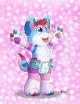 anthro blue_body blue_eyes blue_fur clean_diaper clothed clothing creature_print diaper diaper_only fur hair littlepawz_(diaper) male pawpads pawprint_diaper pawprint_print paws print_diaper red_hair solo topless wearing_diaper young young_anthro young_male alexfolf abuniverse littlepawz canid canine canis mammal wolf hi_res