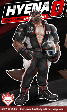 anthro male muscular muscular_anthro muscular_male racing_suit solo standing wingdavon hyena hyenid_(species) mammal