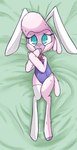 bed blush bow_(feature) bow_in_front bow_tie bunny_costume clothing cloven_hooves collar cosplay costume covering covering_chest covering_mouth covering_own_mouth covering_self dakimakura ears_down embarrassed eyelashes fake_ears fake_rabbit_ears female feral floppy_ears footwear frown furniture hair hoof_over_mouth hooves legwear looking_at_viewer lop_ears lying lying_on_bed on_back on_bed one_sock pink_body pink_hair pivoted_ears reluctant sad shy socks solo tail_down teal_eyes thigh_highs tight_clothing hitsuji rabi-ribi them's_fightin'_herds erina_(rabi-ribi) pom_(tfh) bovid caprine domestic_sheep mammal sheep absurd_res dakimakura_design hi_res