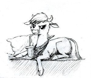 cloven_hooves container cup drinking drinking_straw drinking_straw_in_mouth female hooves horn kerchief looking_at_viewer lying neckerchief neckwear on_front pillow simple_background sipping solo white_background el-yeguero inktober them's_fightin'_herds arizona_cow_(tfh) bovid bovine cattle mammal 2015 black_and_white monochrome traditional_media_(artwork)