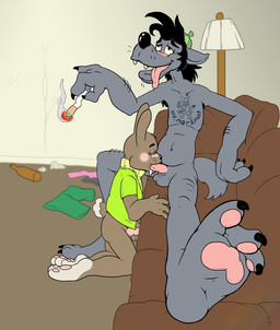 age_difference anthro anthro_on_anthro anthro_penetrated anthro_penetrating anthro_penetrating_anthro balls biped blush bodily_fluids cigarette claws clothing cum cum_in_mouth cum_inside duo erection fangs fellatio furniture genital_fluids genitals grey_balls half-closed_eyes holding_cigarette holding_object interspecies larger_male looking_pleasured lounge male male/male male_penetrated male_penetrating male_penetrating_male masturbation narrowed_eyes nude older_male open_mouth oral oral_penetration penetration penile penile_masturbation penis predator/prey russian sex size_difference smaller_male smaller_penetrated smile smoke smoking sofa tattoo teeth tongue tongue_out young young_anthro younger_male younger_penetrated rip_k soyuzmultfilm well_just_you_wait! volk_(wjyw) zayats_(wjyw) canid canine canis hare lagomorph leporid mammal wolf hi_res