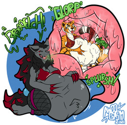 anthro belly big_belly black_hair bodily_fluids bra breasts clothed clothing duo female female_pred fur hair internal onomatopoeia open_mouth simple_background sound_effects text underwear vore awoogasm dreamworks kung_fu_panda nintendo pokemon master_tigress vaskin_(anamecuz) felid generation_5_pokemon mammal pantherine pokemon_(species) tiger zoroark 2021 absurd_res digital_media_(artwork) hi_res