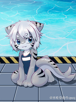 ambiguous_gender anthro black_markings blue_clothing blue_eyes blue_swimwear cjk_character clothing ear_markings eyebrow_through_hair eyebrows facial_markings floor forked_tail ftile_floor glistening glistening_body grey_body grey_skin hair head_markings leg_markings markings navel_outline school_swimsuit sitting sitting_on_ground solo swimming_pool swimwear tail tail_markings tile tile_floor translucent translucent_hair unusual_anatomy unusual_tail water white_body white_eyebrows white_hair bccdl123456 changed_(video_game) tiger_shark_(changed) aquatic fish requiem_shark shark tiger_shark 3:4 absurd_res hi_res
