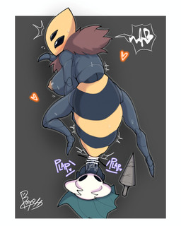 2_horns 4_eyes all_fours anthro areola arthropod_abdomen arthropod_abdomen_genitalia arthropod_abdomen_penetration big_breasts biped black_eyes blush bodily_fluids breasts censored_genitalia censored_penis duo female from_behind_position genitals heart_symbol high-angle_view horn looking_back male male/female melee_weapon motion_lines multi_eye neck_tuft nipples non-mammal_breasts non-mammal_nipples penetration penile penile_penetration penis sex sound_effects sweat sweatdrop text tuft weapon bayonet_(artist) hollow_knight_(franchise) team_cherry queen_vespa_(hollow_knight) the_knight_(hollow_knight) arthropod bee hymenopteran insect vessel_(species) 2025 4:5 absurd_res censored english_text hi_res signature