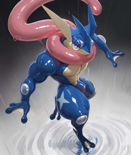 2_toes 3_fingers abs biceps big_tongue blue_body bodily_fluids bulge feet fingers glistening glistening_body glistening_eyelids glistening_latex glistening_skin glistening_thighs huge_tongue latex latex_body latex_skin looking_at_viewer male muscular muscular_male ninja nipples pink_eyes saliva saliva_string solo thick_thighs toes tongue warrior water connor_fff nintendo pokemon generation_6_pokemon greninja pokemon_(species) absurd_res hi_res