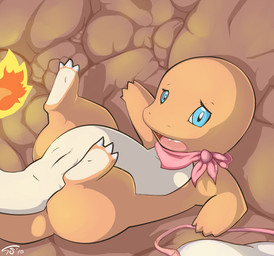 bald blue_eyes cave claws clothed clothing detailed_background female feral fire flaming_tail genitals kerchief looking_at_viewer lying mostly_nude multicolored_body multicolored_tail neckerchief neckwear on_back on_ground open_mouth orange_body orange_skin orange_tail pink_clothing pink_kerchief pink_neckerchief pink_tongue plump_labia scared shadow solo tail teeth tongue two_tone_body two_tone_tail vulva white_body white_claws white_tail white_vulva year conditional_dnp insomniacovrlrd nintendo pokemon charmander generation_1_pokemon pokemon_(species) reptile scalie 2010 shaded signature