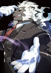 anthro black_body black_fur black_sclera clothing fur gloves hair handwear male muscular muscular_anthro muscular_male necktie pinstripes solo suit tusks white_hair fuguri lifewonders live_a_hero the_broker felid lion mammal pantherine absurd_res hi_res