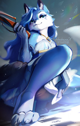 anthro barefoot black_nose blue_body blue_eyes blue_fur claws clothed clothing confident crossbow dress eyelashes feet female flashing flashing_pussy fur fur_markings gem genitals gold_(metal) gold_jewelry hair half-closed_eyes jewelry kneeling long_hair markings narrowed_eyes paws pendant pointy_ears ranged_weapon sapphire_(gem) smile smirk smug solo taunting unnatural_colors vulva weapon white_body white_fur hackainax isodore_marentia canid canine fox mammal absurd_res hi_res