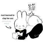 anthro ass_clapping bodily_fluids breasts butt cleavage clothed clothing eyes_closed female onomatopoeia smile solo sound_effects sweat text nucr4r lagomorph leporid mammal rabbit 1:1 english_text hi_res meme