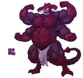 4_arms balls bottomwear bulge clothing detailed_bulge digitigrade flexing genital_outline genitals horn ineffective_clothing ineffective_loincloth loincloth male multi_arm multi_limb musclegut muscular muscular_male penis_outline simple_background solo tail teeth white_background posstype league_of_legends riot_games tencent cho'gath_(lol) hi_res