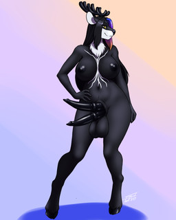 anthro antlers balls big_breasts black_body black_fur black_hair breasts fur genitals gynomorph hair hooves horn intersex looking_aside markings multi_genitalia multi_penis multicolored_hair neck_floof penis rainbow_hair solo white_body white_fur yellow_eyes furball nykta_dawnrhyme deer mammal new_world_deer reindeer 4:5 hi_res