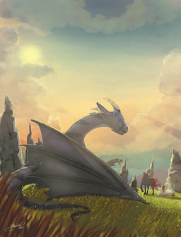 ambiguous_gender brown_hair cloud day detailed_background eyes_closed feral hair horn membrane_(anatomy) membranous_wings outside red_hair sky smile sun tail wings mechagen mythology dragon equid equine horse mammal mythological_creature mythological_scalie scalie hi_res