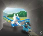 anthro blue_body duo eye_contact fence feral hand_holding hand_on_hand landscape looking_at_another male mountain multicolored_body outside road sign tunnel yellow_eyes kemo_leight nintendo pokemon generation_3_pokemon generation_4_pokemon latios legendary_pokemon pokemon_(species) riolu