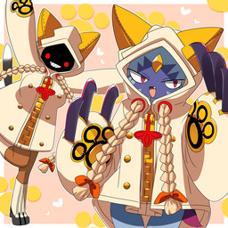 3_claws ambiguous_anthro ambiguous_gender anthro bent_leg big_breasts biped border braided_pigtails breasts brown_body brown_skin claws clothed clothed_ambiguous clothed_anthro clothed_female clothed_humanoid clothing cosplay crossover_cosplay cute_fangs dipstick_tail dot_eyes duo empty_eyes eyelashes fangs female female_humanoid footwear forehead_gem gem grey_tail hair hoodie kemono looking_at_viewer markings multicolored_body on_one_leg open_mouth open_smile pupils purple_claws red_eyes shadow_face sharp_teeth simple_eyes slit_pupils smile smiling_at_viewer standing tail tail_markings tan_clothing tan_hair tan_hoodie tan_topwear teeth topwear two_tone_tail white_border white_sclera white_tail white_tail_tip zipper lets0020 arc_system_works blazblue nintendo pokemon taokaka animal_humanoid cat_humanoid felid felid_humanoid feline feline_humanoid generation_8_pokemon humanoid kaka_(blazblue) mammal mammal_humanoid pokemon_(species) sneasler 1:1 2026 cel_shading crossover digital_drawing_(artwork) digital_media_(artwork) hi_res shaded female_(lore)
