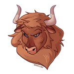 anthro brown_body brown_eyes brown_fur disembodied_head frown fur furrowed_brow glare head_tuft horn male neck_tuft simple_background solo tuft white_background flaviomodezto bovid bovine mammal headshot_portrait hi_res portrait