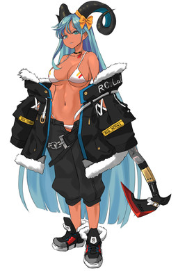 axe biped blue_eyes blue_hair breasts clothing female hair holding_object holding_weapon long_hair melee_weapon panties solo underwear weapon rocoroco1115 animal_humanoid bovid bovid_humanoid caprine caprine_humanoid humanoid mammal mammal_humanoid absurd_res hi_res