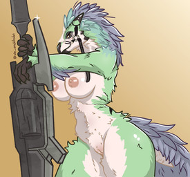 anthro areola blush breasts feathers female female_anthro fur genitals green_body gunlance looking_at_viewer melee_weapon nipples nude small_waist smile solo tan_areola tan_nipples thick_thighs vulva weapon wide_hips ale_enchiladas capcom monster_hunter bird_wyvern reptile scalie seikret hi_res