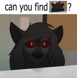anthro black_body black_fur black_sclera caption female fur looking_at_viewer red_eyes smile solo daukus mythology lucy_(daukus) canid canine canis mammal mythological_canine mythological_creature werecanid werecanine werecreature werewolf wolf absurd_res hi_res meme