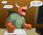 anthro clothed clothing humor inside male monday muscular muscular_anthro muscular_male solo speech_bubble text work artietheartbull artie_(artietheartbull) bovid bovine cattle mammal digital_media_(artwork) english_text