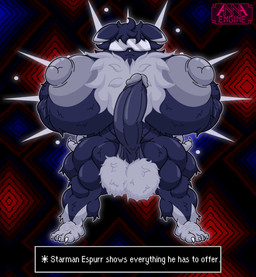 abs abstract_background anthro areola arm_hair arm_tuft balls barazoku barefoot biceps big_areola big_balls big_breasts big_muscles big_nipples big_penis blue_body blue_fur blue_penis body_hair breast_tuft breasts butt_hair cheek_tuft chest_hair chest_tuft claws clothed clothing ear_markings erection eyewear facial_tuft feet fluffy fluffy_balls fluffy_breasts fluffy_chest foreskin front_view fur fur_markings fusion genitals glasses glowing glowing_body grey_areola grey_nipples gynomorph hair hairy_breasts hands_on_hips happy_trail head_tuft huge_areola huge_breasts huge_muscles huge_nipples humanoid_genitalia humanoid_penis ineffective_clothing intersex leg_tuft markings multicolored_body multicolored_fur muscular muscular_anthro muscular_arms muscular_gynomorph muscular_intersex muscular_legs muscular_thighs nipples nude penis pose psychic psychic_energy psychic_powers pubes saggy_balls serious shoulder_tuft solo spread_legs spreading standing sunglasses text text_box toe_claws tuft two_tone_body two_tone_fur visor white_body white_body_hair white_fur white_hair white_pubes annaengine earthbound_(series) nintendo pokemon fan_character espurr felid feline generation_6_pokemon mammal pokemon_(species) starman absurd_res crossover digital_drawing_(artwork) digital_media_(artwork) english_text hi_res busty_boy_(lore) male_(lore)