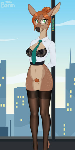 accessory anthro bottomless bottomless_anthro bottomless_female bra breasts brown_body brown_fur clothed clothing cloven_hooves collared_shirt dress_shirt eyelashes eyewear female freckled_face freckles front_view fur genitals glasses green_eyes hair hair_bun hooves legwear lingerie necktie office orange_hair pantyhose pubes round_glasses shirt slim_anthro slim_female solo thigh_highs topwear underwear unprofessional_behavior vulva wearing_glasses window thehashbaron grace_(thehashbaron) deer mammal absurd_res hi_res