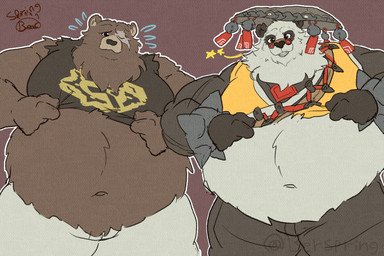 anthro asian_clothing asian_conical_hat belly bottomwear bracelet brown_body brown_fur chinese_clothing clothed clothing clothing_lift duo east_asian_clothing eyewear facial_scar fur glasses hat headgear headwear jewelry male missing_eye multicolored_body multicolored_fur navel overweight pants scar shirt shirt_lift showing_belly spiked_bracelet spikes topwear berspring mihoyo zenless_zone_zero ben_bigger pan_yin_hu bear giant_panda mammal 2025 3:2 hi_res