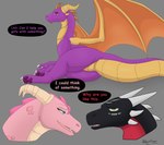 butt dialogue female feral group horn lying male multi_horn simple_background speech_bubble tail talking_to_another text trio wings apollyondragon activision mythology spyro_the_dragon cynder ember_(spyro) spyro dragon mythological_creature mythological_scalie scalie digital_media_(artwork) english_text