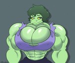 abs anthro biceps big_breasts big_muscles breasts cleavage clothed clothing eyelashes female freckled_breasts freckled_shoulders freckles green_body green_hair green_scales grey_background grey_eyes hair huge_breasts huge_muscles hyper hyper_muscles looking_at_viewer muscular muscular_anthro muscular_arms muscular_female nipple_outline scales short_hair simple_background smile snout solo torn_clothing torn_hoodie yellow_sclera lerntern cavemanon_studios i_wani_hug_that_gator olivia_halford baryonyx dinosaur prehistoric_species reptile scalie spinosaurid theropod 2024 artist_name digital_drawing_(artwork) digital_media_(artwork) hi_res signature