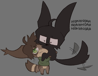3_fingers 4_fingers :3 ahoge alternate_species ambiguous_gender annoyed anthro anthrofied big_ears black_body black_fur black_hair black_nose bottomless brown_body brown_eyebrows brown_fur brown_hair brown_markings brown_spots chibi clothed clothing countershade_face countershade_torso countershading cute_fangs dialogue duo ear_tuft eyebrows eyes_closed eyewear facial_markings fangs feet fingers fur furrification glasses green_clothing green_eyes green_hoodie green_topwear grey_background grey_tongue hair hand_on_back hand_on_butt head_markings heart_eyes heart_symbol holding_character hoodie leg_markings long_ears long_tail looking_aside markings medium_hair messy_hair monotone_body monotone_fur motion_blur motion_lines multicolored_tail name_drop name_in_dialogue nude open_mouth open_smile path_lines paws pupils rectangular_glasses repeated_dialogue repeated_text short_hair simple_background slit_pupils smile socks_(marking) spots spotted_body spotted_fur spotted_markings standing striped_markings striped_tail stripes tail tail_markings tail_motion tailwag tan_body tan_countershading tan_fur tan_markings teeth text thick_eyebrows tongue topwear tuft whiskers clockstops3am conditional_dnp tribetwelve noah_maxwell observer_(tribetwelve) domestic_cat felid feline felis mammal 2022 character_name digital_drawing_(artwork) digital_media_(artwork) english_text flat_colors male_(lore)