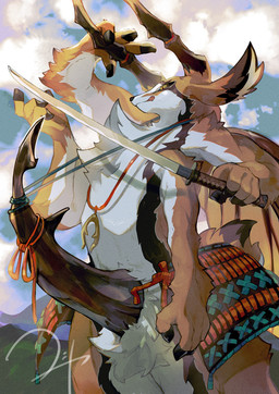 4_arms 4_fingers anthro armor asian_clothing brown_body brown_fur clothing codpiece crotch_tuft east_asian_clothing fingers fur hip_armor holding_object holding_weapon hooved_fingers hooves japanese_clothing jewelry katana koteka long_ears male melee_weapon multi_arm multi_limb necklace solo sword tribal tribal_clothing tribal_jewelry tuft weapon white_body white_fur yellow_eyes ina_ba_ya deer hybrid mammal
