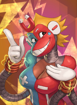 4_fingers alternate_species anthro big_breasts bodysuit breasts brown_body brown_eyes cleavage clothed clothing electricity female fingers gloves grin handwear looking_away machine magnet robotic_arm skinsuit smile solo tight_clothing redustheriotact maggy_megawatt_(duckymcfergus) haplorhine mammal monkey primate robot 2022 hi_res