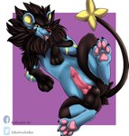 balls erection feral genitals looking_at_viewer male penis simple_background smile solo katscarlettkat nintendo pokemon memy felid generation_4_pokemon luxray mammal pokemon_(species) hi_res