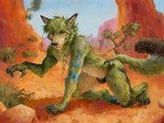 all_fours anthro arm_tuft black_nose blue_markings blue_sky bulge cheek_tuft clothed clothing day desert dipstick_tail facial_tuft fangs fur green_body green_fur green_hair hair leg_tuft male markings mouth_closed neck_tuft orange_eyes outside plant short_hair shoulder_tuft side_view sky solo tail tail_markings teeth topless tree tuft yellow_body yellow_fur akatan_art canid canine mammal 4:3 hi_res