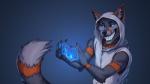 5_fingers anthro black_nose blue_eyes clothed clothing fingers inner_ear_fluff male sharp_teeth simple_background smile solo teeth tuft kero_tzuki bonfire_(bonfirefox) canid canine fox mammal 2018 digital_media_(artwork)