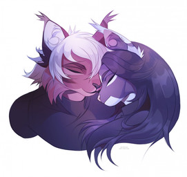 anthro black_hair cheek_tuft duo ear_piercing ear_ring eyes_closed facial_tuft female female_anthro fur grey_body grey_fur grey_inner_ear_fluff hair inner_ear_fluff long_hair male male_anthro mouth_closed orange_body orange_fur piercing ring_piercing short_hair simple_background text tuft white_background white_body white_fur white_hair white_inner_ear_fluff unknowhiter azure_(shadelessfox) poison_(dannoitanart) caracal caracal_(genus) felid feline lynx mammal 2025 artist_name dated hi_res