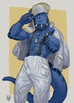 abs anthro armor blue_body blue_skin clock clothing dog_tags firefighter firefighter_helmet firefighter_uniform headgear helmet jewelry looking_at_viewer male muscular muscular_male necklace solo suspenders uniform watch white_clothing lion21 microsoft the_elder_scrolls tristen argonian scalie hi_res